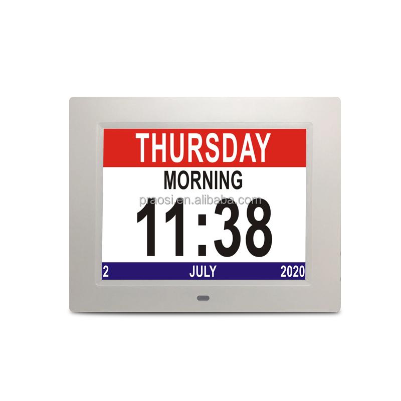 Wall Desk Day Clock LED Display Alarm Photo Frame 7 8 10 12 Inch LCD Analog Clock Digital Dementia Clock (White,8 inch)