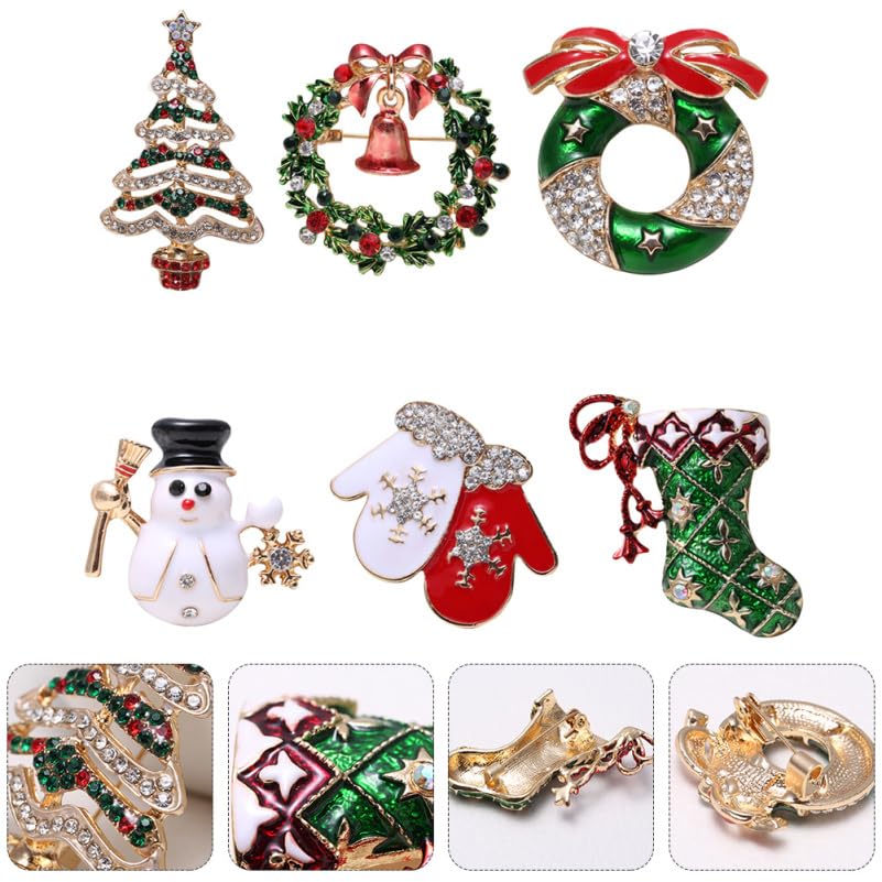 POPETPOP Christmas Brooch Set of 6, Rhinestone and Alloy Decor, Party Accessories