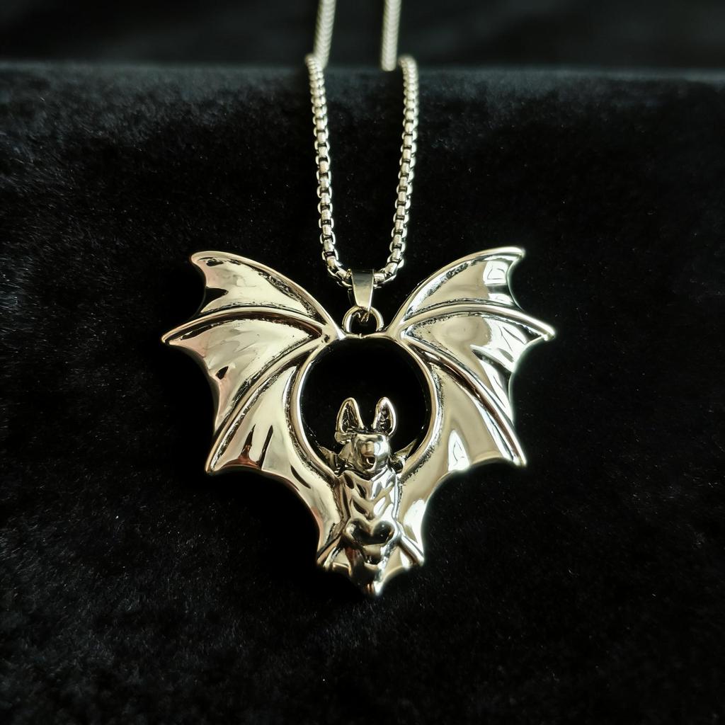 Gothic Bat Pendant Necklace with Metal Wings - Halloween Jewelry Charm Accessories