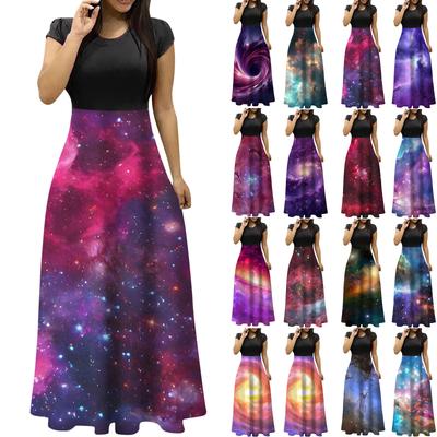 Women's Fashion Casual Loose Printed Round Neck Short Sleeve Long Dresses