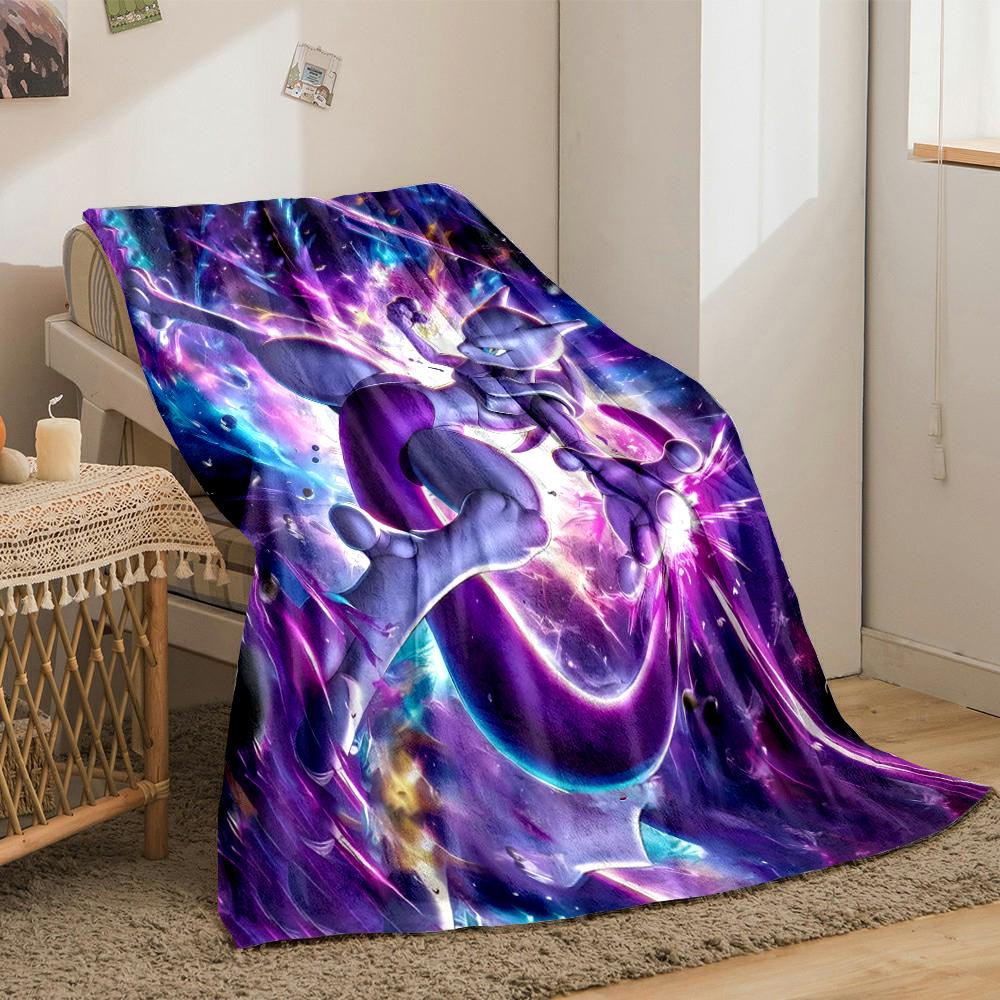 Mewtwo Purple Energy Cosmic Clash Battle Art Blanket Throw, Psychic Pokemon Storm Style Design, Cozy Fan Bedding and All Seasons Gift