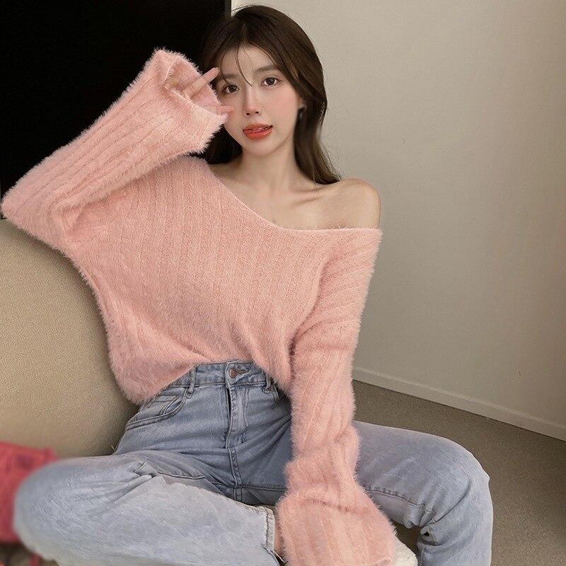 Autumn Mohair V-neck Sweater For Women Mohair Solid Color Casual Loose Soft Femme Tops Chic Hollow Out Pullovers