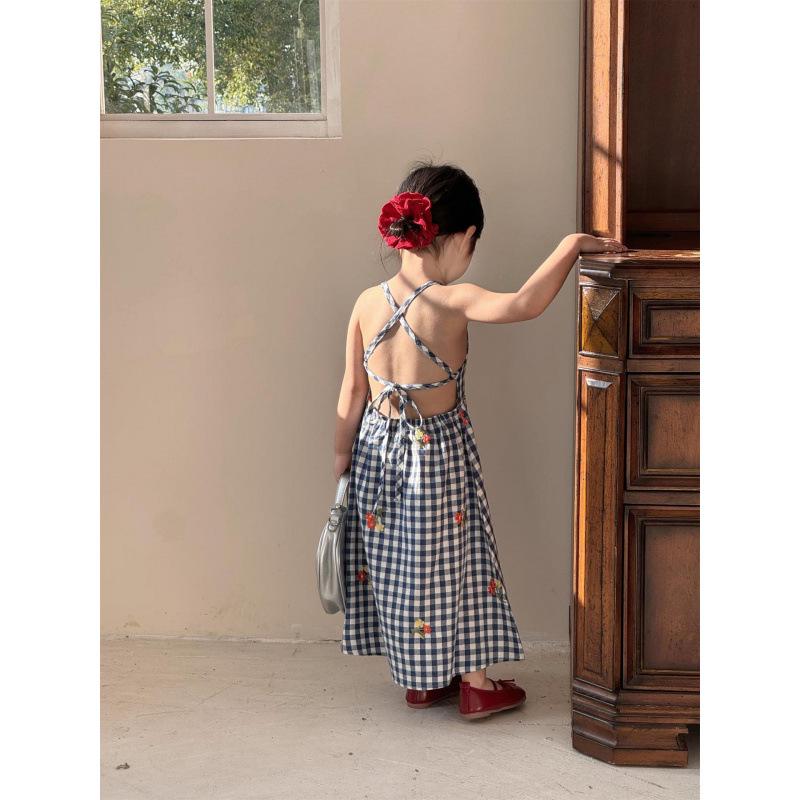 2026 Summer Girls Embroidered Blue Plaid Strappy Dress with Subtle Open Back 90cm