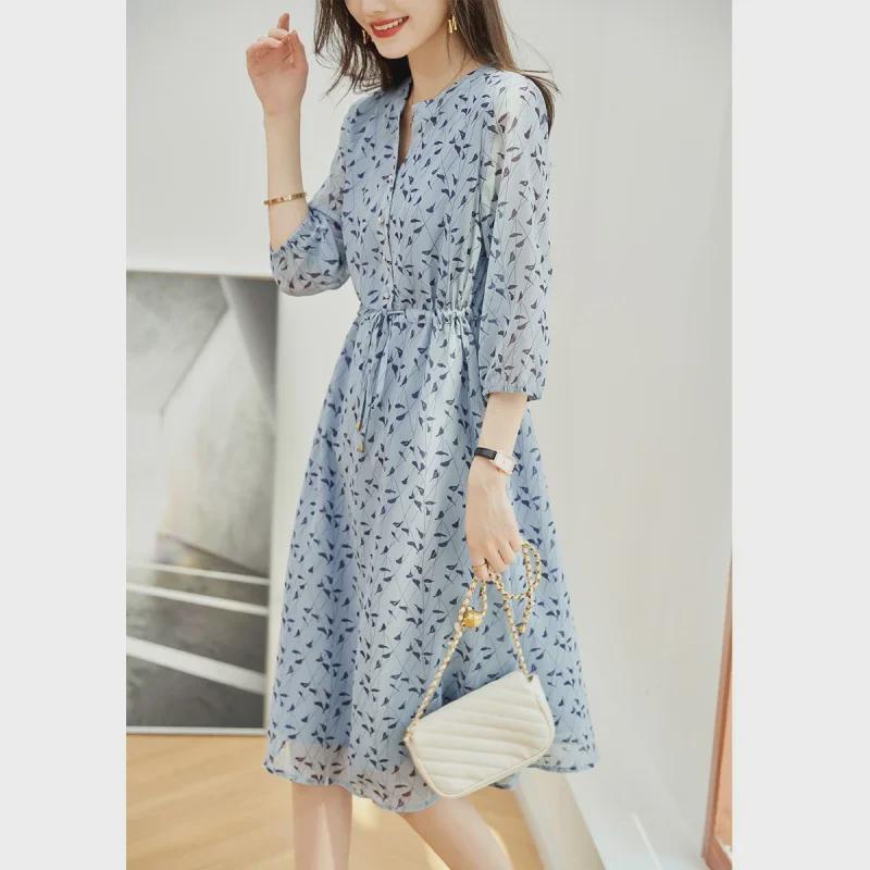 2025 Spring/Summer Floral Chiffon Waist-Slimming Long Dress for Women