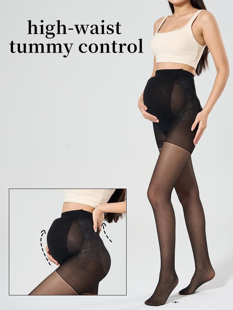 1 Pc Maternity Solid Black Footed Sheer Nylon Tights | Belly-Support Minimalist Pantyhose For Spring & Autumn Transition