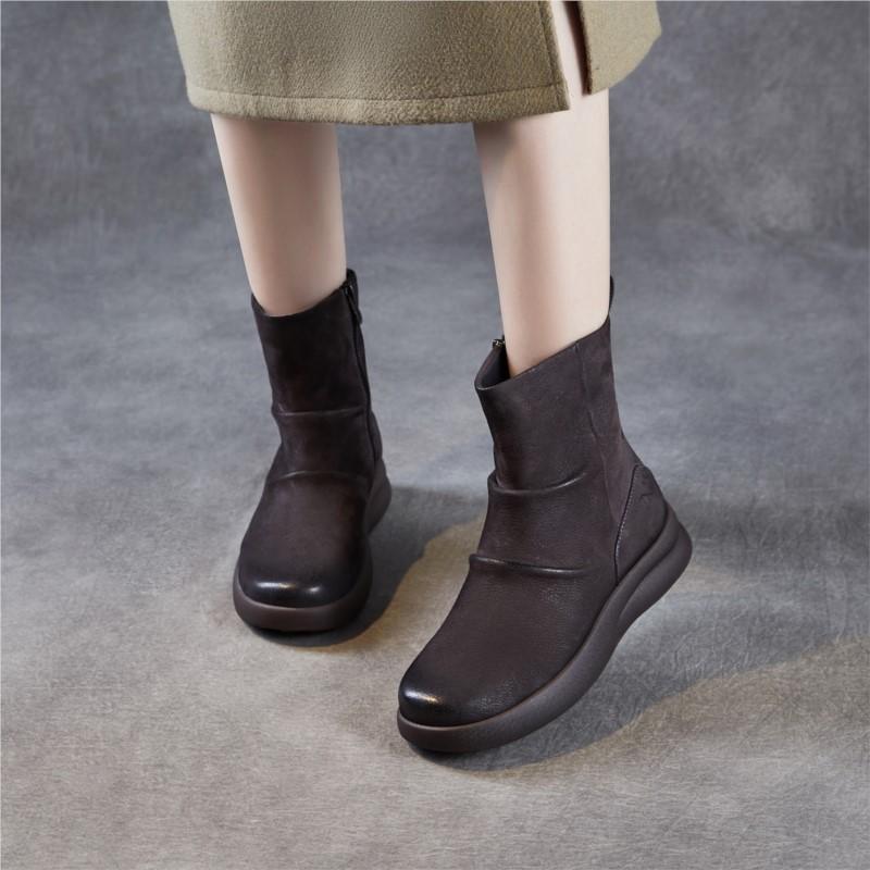 Johnature Genuine Leather Thick Soled Pleated Short Boots Side Zipper Soft Soled Cowhide Women's Boots