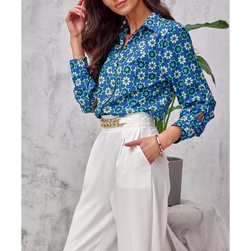 Europäisches und Amerikanisches Hemd Damen Locker Frühling und Herbst Elegant Bedruckte Strickjacke Herbst Langarmhemd Damen