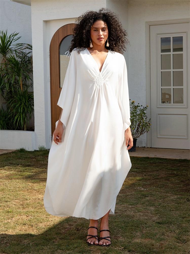 Sexy Vacation White Beach Maxi Dress Women s Hand knit V neck Batwing Sleeve Plus Size Kaftan 2024 Summer Beachwear Swimsuit Cover Up Q1306