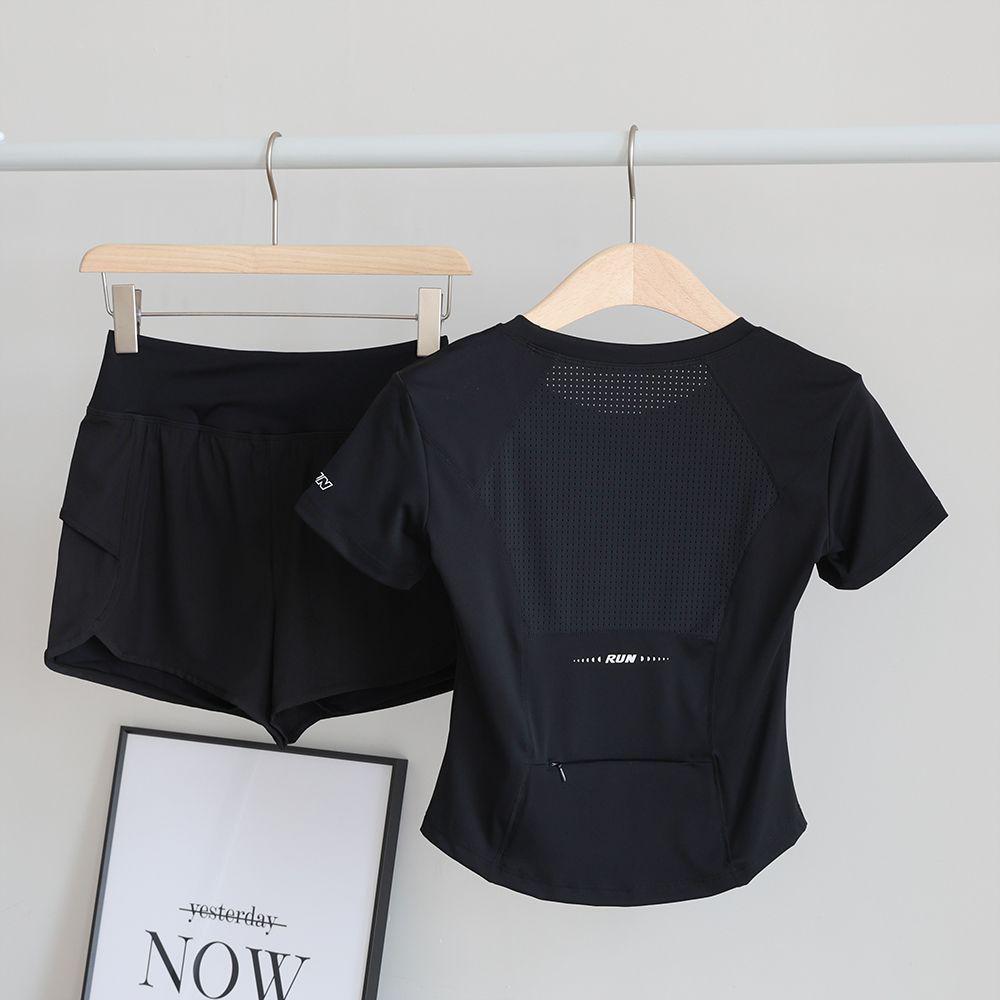 Women's Quick-Dry Sports Set: Breathable Mesh Top & Shorts with Phone Pocket