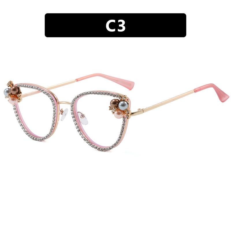 Triangular Cat'S Eye Diamond-Encrusted Flat Mirror Anti-Blue Luxury Glasses Frame Pearl Retro Personalized Glasses Frame