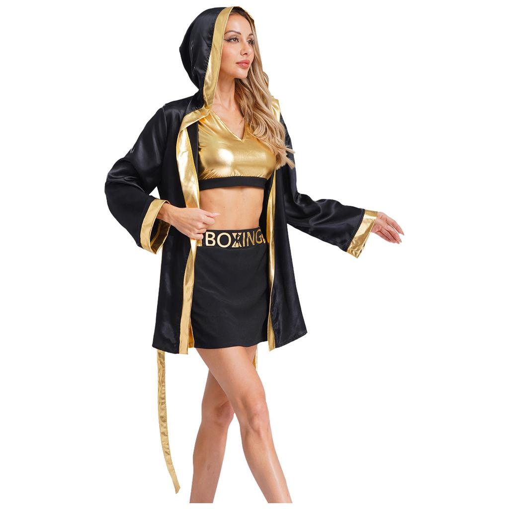Dames Boksuitrusting Vierdelige Set Tanktop Cover-up Badjas Rok Riem Sport Thema Halloween Kostuum