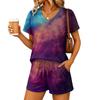 Women's Casual Two Piece Set V Neck Short Sleeve Top and Drawstring Waist Shorts Gradient Print Lightweight Lounge Outfit