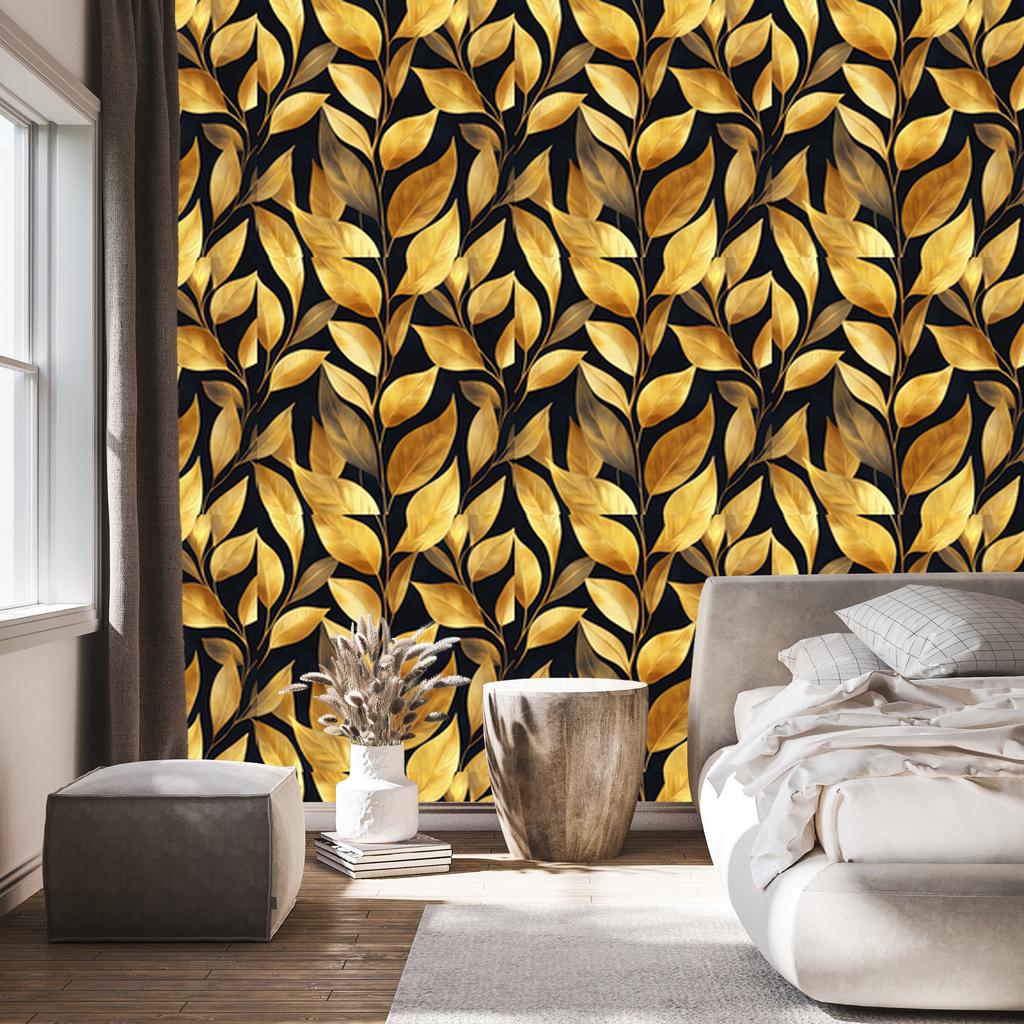 Wallpaper Flowers and Leaves Gold, Ochre and Black for Living Room and Bedroom 50x1000