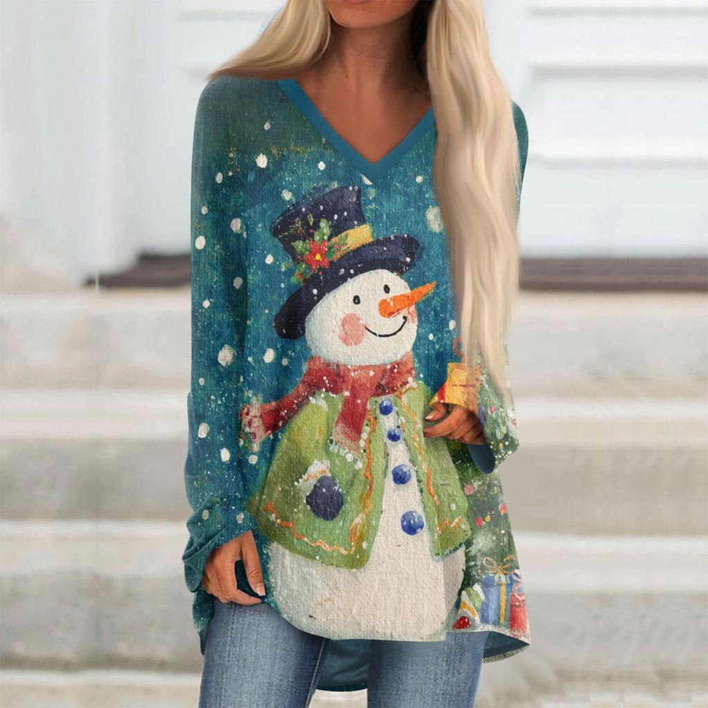 Ladies' Fashionable Casual Christmas Printed T-shirt Long Sleeved V-neck Mid Length Top