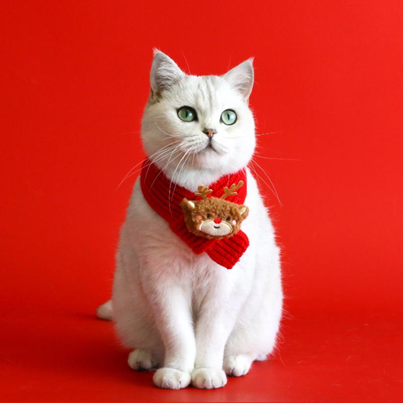 Christmas Pet Scarf, Cat Dog Wool Thread Scarf, Cartoon Snowman Elk Warm Plush Cat Knitted Scarf Christmas Gift for Pets