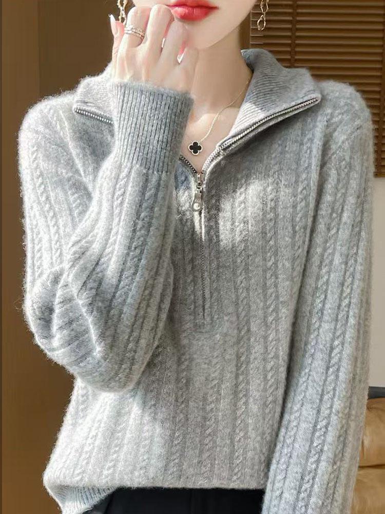 Women's Solid Half-Zip Fleece Base Layer with Half-High Neck Cable Knit Sweater