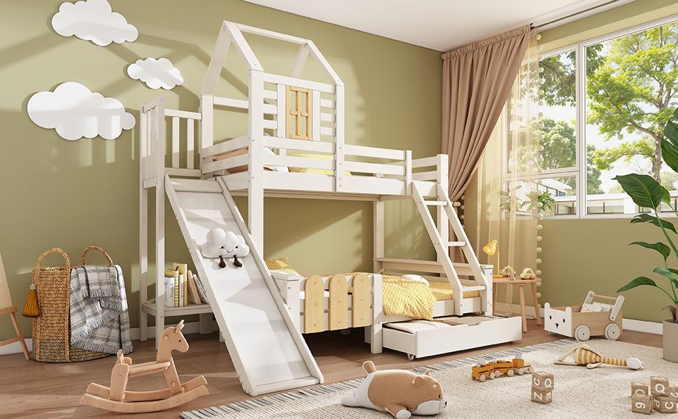 Bunk Bed 90x200 & 140x200 Cm, House Bed with Drawer, Slide and Ladder, Children's Loft Bed, Log Cabin Design, EN747-1:2024 Safety (Without Mattress)