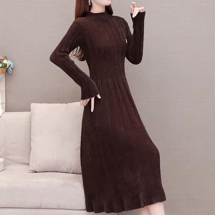 Long Knitted Dress for Women Autumn Solid-color Sweater Dress Imitating Mink Fur Cinched Waist and Trendy Solid-color Long-sleeved Knitted Sweater