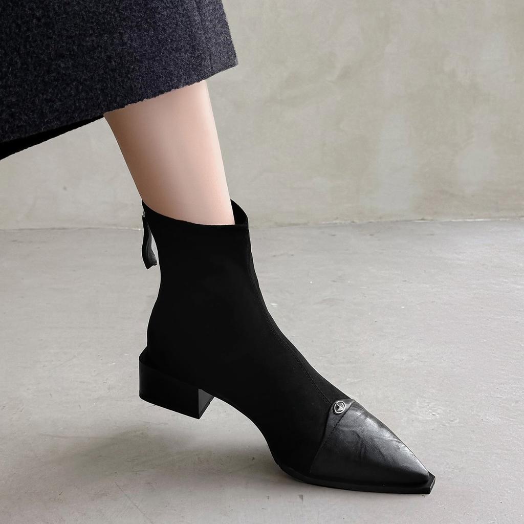 Französisches Temperament spitze kurze Stiefel Damen 2025 neue Lederstiefel dicker Absatz mittlerer Absatz elastische kurze Damenstiefel dünne Stiefel