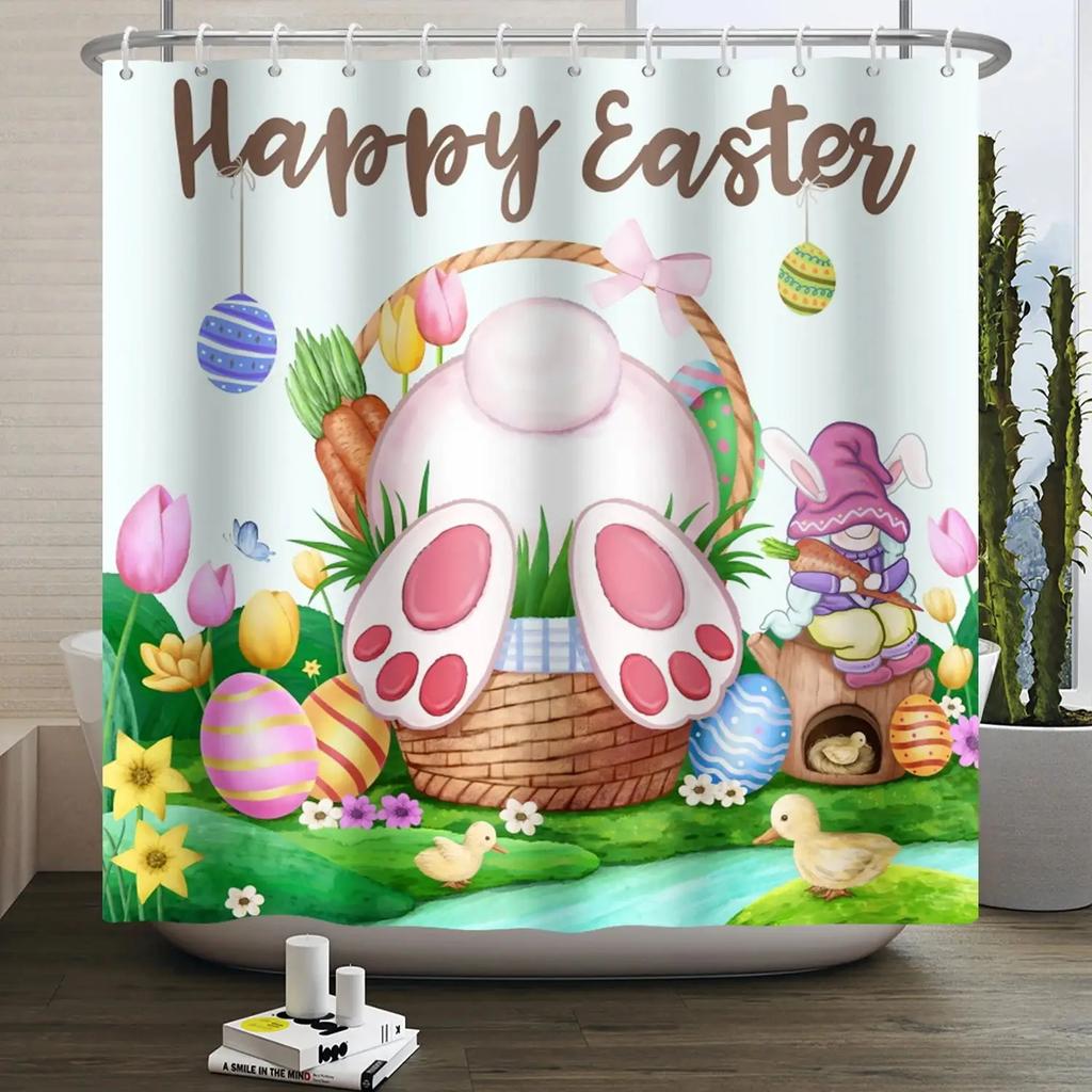 Spring Easter Shower Curtain Happy Rabbit Bunny Eggs Flower Garden Floral Holiday Waterproof Bathroom Shower Curtain With Hooks