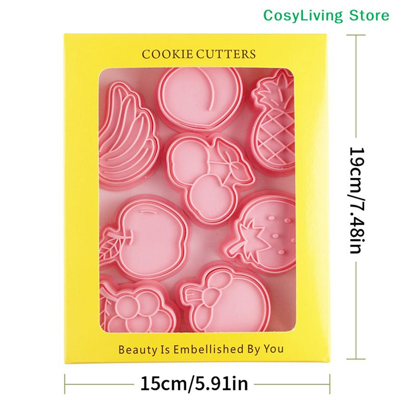 [CL]8Pcs Cartoon Fruit Cookie Embosser Mold 3D Frosting Fondant Cookie Press Mold Strawberry Peach Biscuit Cutter Cake Mold[CL]