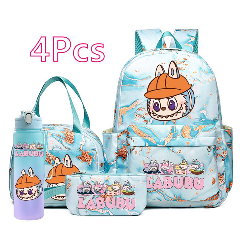 4Pcs/set Cartoon printed Backpack Pencil Bag Lunch Bag Outdoor Water Bottle Student Girl Large Capacity Schoolbag Travel Bag Gift