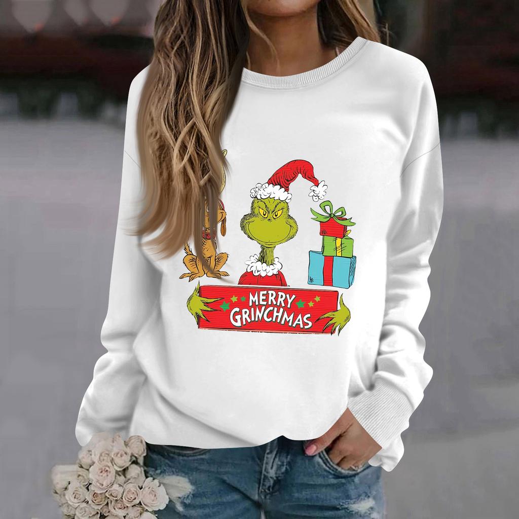 Women's Fashion Casual Long Sleeve Solid Color Christmas Printed Round Neck Top Sweatshirt