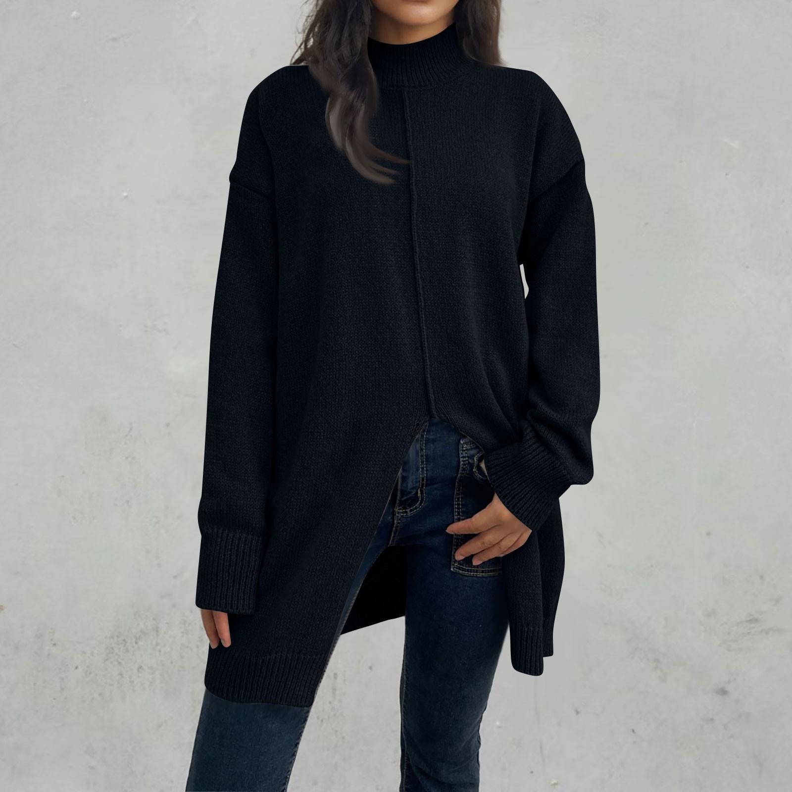 

24/5000 Жіночий однотонний светр із напіввисокою горловиною, однотонний вільний светр із довгими рукавами та круглим вирізом великого розміру XL чорний