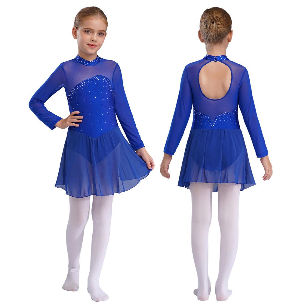 Glänzende Strasssteine Tanzleotard für Mädchen Transparente Mesh Lange Ärmel mit Schlüssellochausschnitt am Rücken Eiskunstlauf Ballettkleid