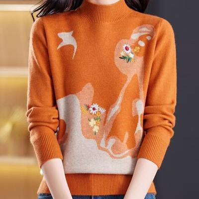 Frauen Herbst Winter Neue Oansatz Pullover Pullover Jacquard Pullover Mode Gehobenen Gestrickte Stickerei Blume Kontrast Casual Langarm Tops