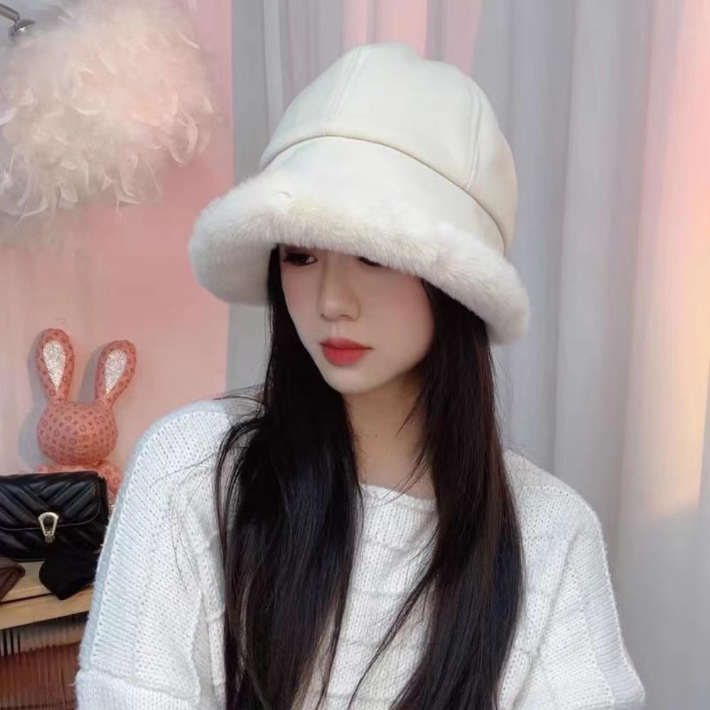 Warm Plus Velvet Panama Hat Windproof Winter Fisherman Hat Vintage Fluffy Fur Bucket Hat  Lady