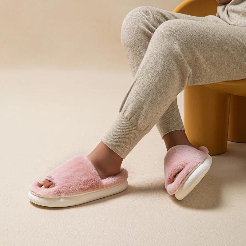 Fashion Faux Fur Keep Warm Slippers Women Winter Open Toe Thick Bottom Plush Slippers Woman Comfort Soft Non-Slip House Cotton Shoes