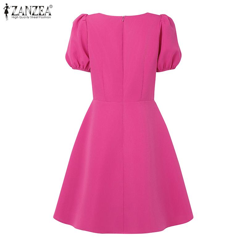 ZANZEA Summer Women Square Collar Short Sleeve Slim Waist Casual A-line Dress