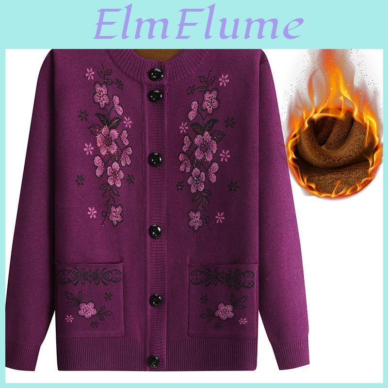 Mother Fashion Fleece Winter Thickening Flower Embroidery Sweater