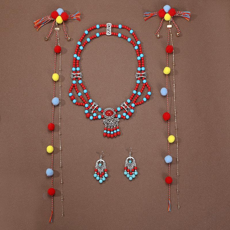 Böhmisches Retro Halsketten- & Ohrring-Set: Ethnischer Stirnschmuck im tibetischen Stil
