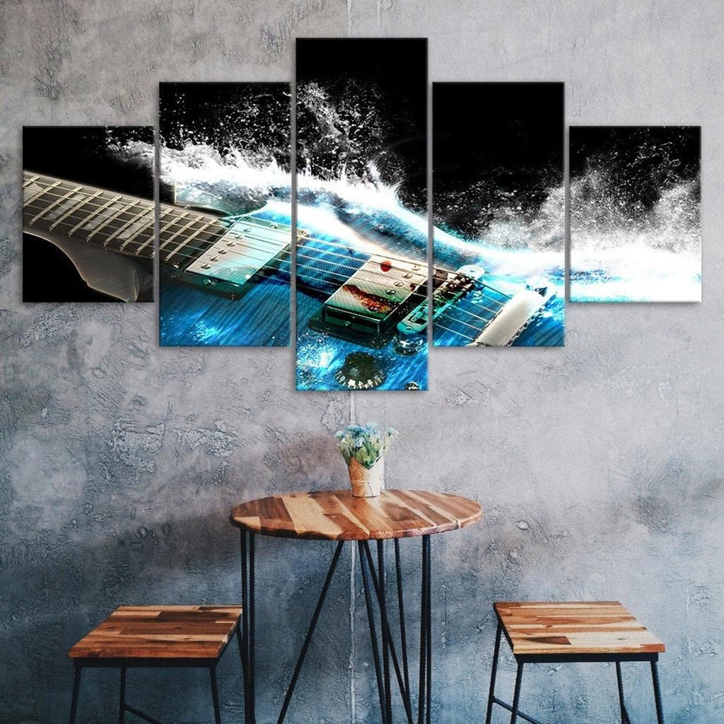 Abstract Blue Music Guitar Music Scene 5 Piece Five Panel Wall Canvas Print Modern Art Poster Picture Home Decor Gift For Him For Her