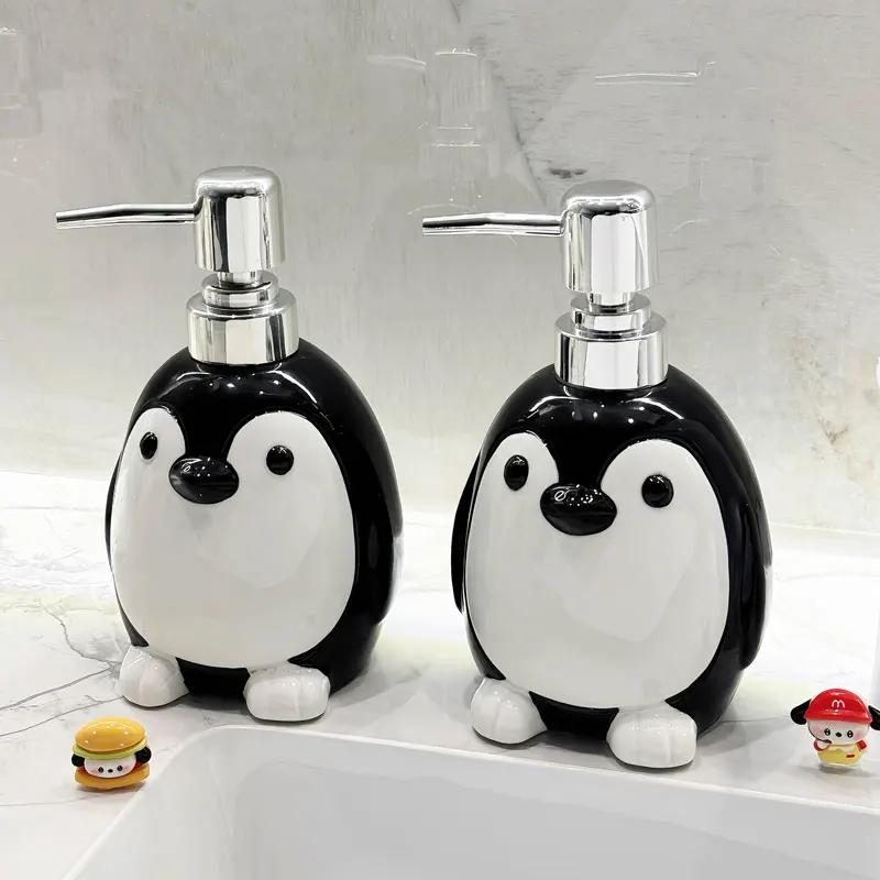 Cute Penguin Hand Wash Bottle Press Ceramic Lotion Bottle Bathroom Shower Gel Shampoo Bottle Soap Dispenser Bathroom Accessories