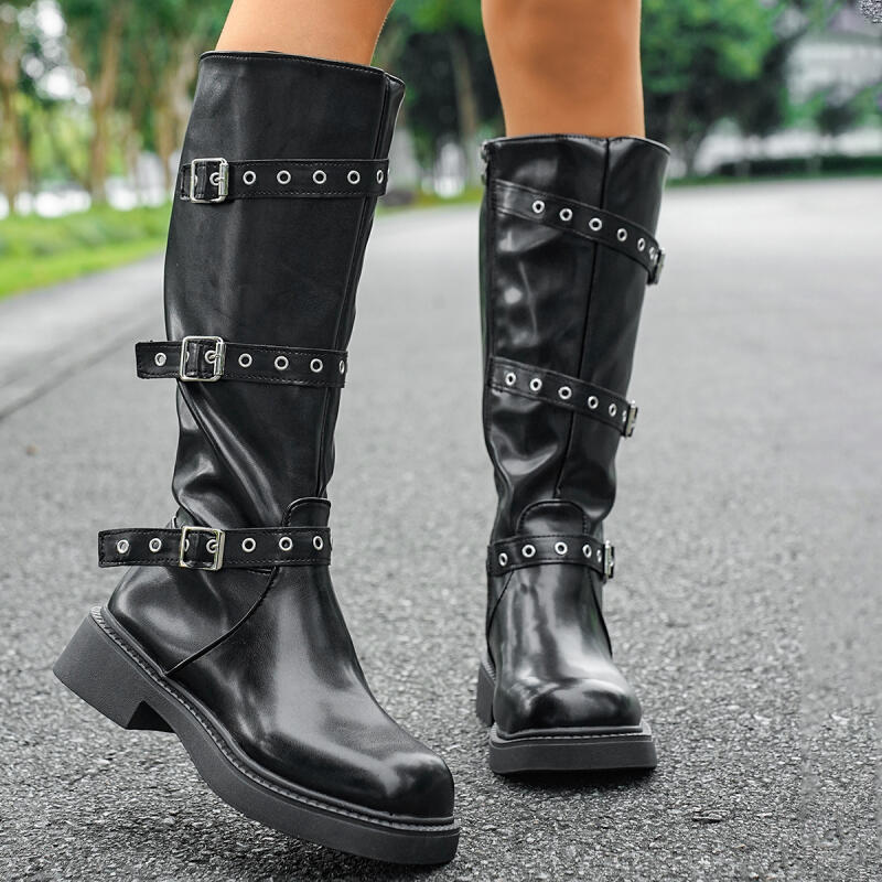 Punk Metal Belt Buckle Pu Knee High Boots Women 2025 Winter Sexy Medium Heel Black Long Riding Boots Casual Western Cowboy Shoes