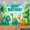 2D Cute Dino Birthday Backdrop - Watercolor T-Rex & Triceratops Banner for Kids Jungle Birthday Photoshoot