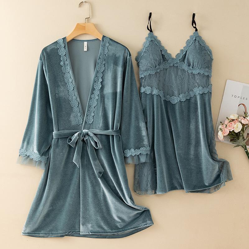 New Autumn Velvet Pajamas Two-piece Robe Set Feminine Lace See-through Robe Bathrobe Casual Velvet Home Clothes