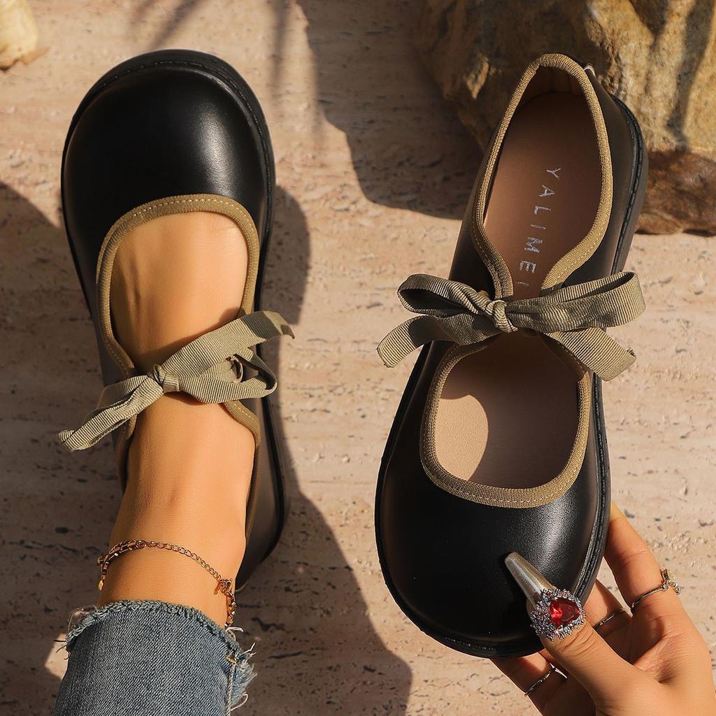 Cute Bow Round Head Flat Bottom Mary Jane Single Shoes 2025 Spring and Summer New French Retro Versatile Small Leather Shoes Women