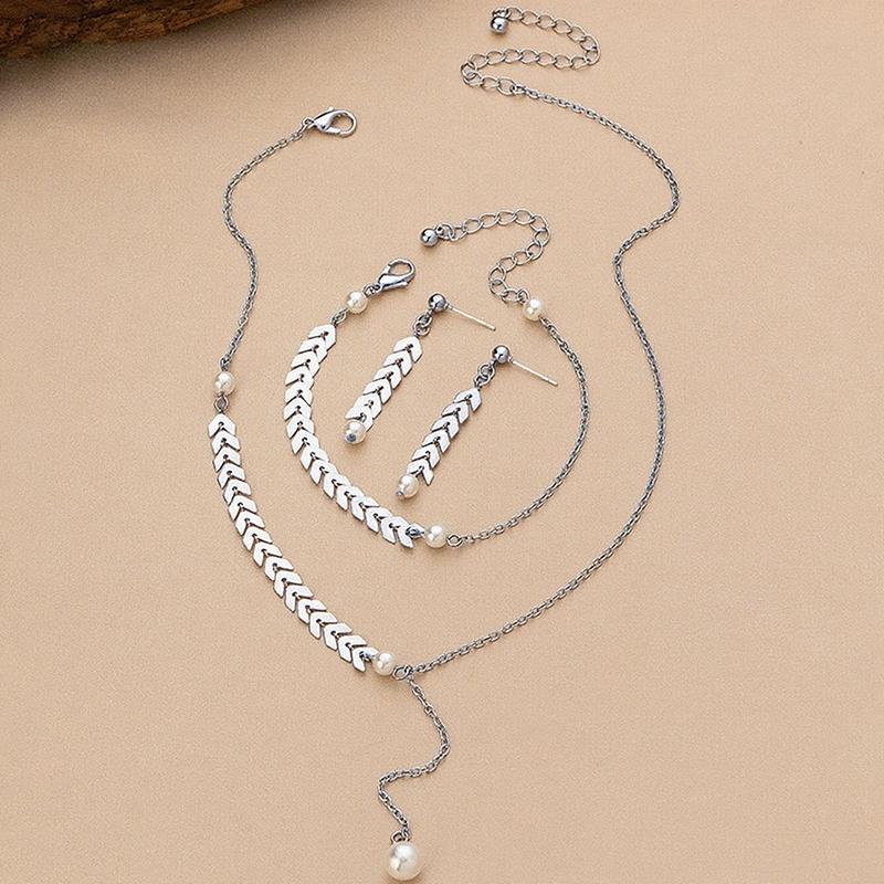 Simple Wheat Ear Pearl Bracelet Necklace Earrings Jewelry Set For Women Temperament Lucky Gold Color Bracelet Charm Jewelry