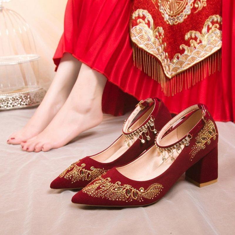 FHC Embroidery Flower Bride Wedding Shoes,Women Pumps,Rhinestone Ankle Strape High Heels,Pointed Toe,Wine-red,Dropship