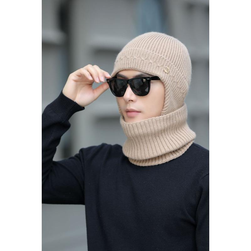 Men's Knitted Hat Winter Outdoor Cycling Scarf Suit Letter Color Blocking Cold Proof Woolen Hat Plus Velvet Warm Cold Hat