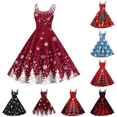 Women's Fashion Christmas Printed Sexy Strapless Gothic Cocktail Dress Punk, Vintage Dress.
