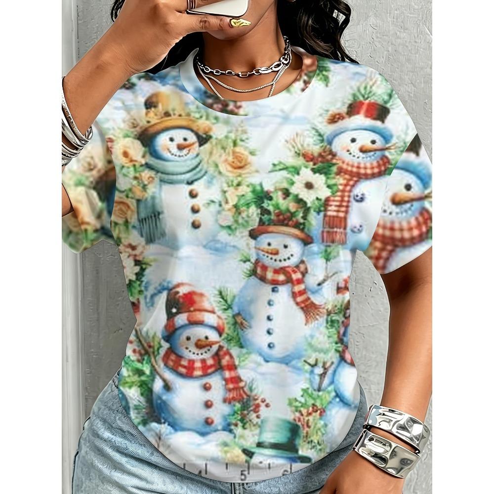 Summer Christmas Snowman Series 3D Print T-Shirt Loose Fit Short Sleeve T-shirt Breathable Women Casual Comfortable Creative Versatile Sports T-shirt
