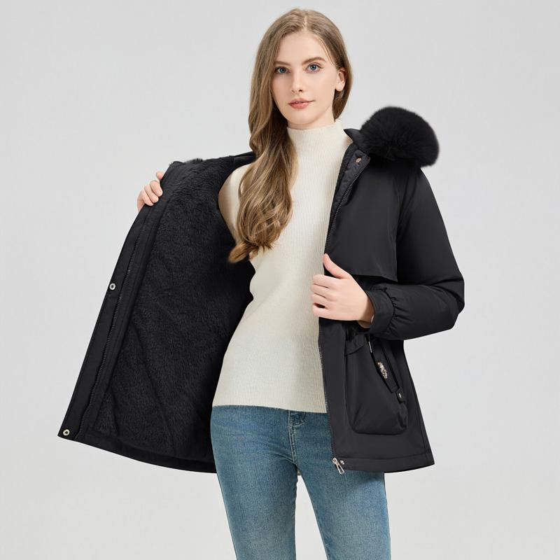 Herbst- und Wintermode Parkas in mittlerer bis langer Länge, warm und dick gefüttert, Samt, einfarbig