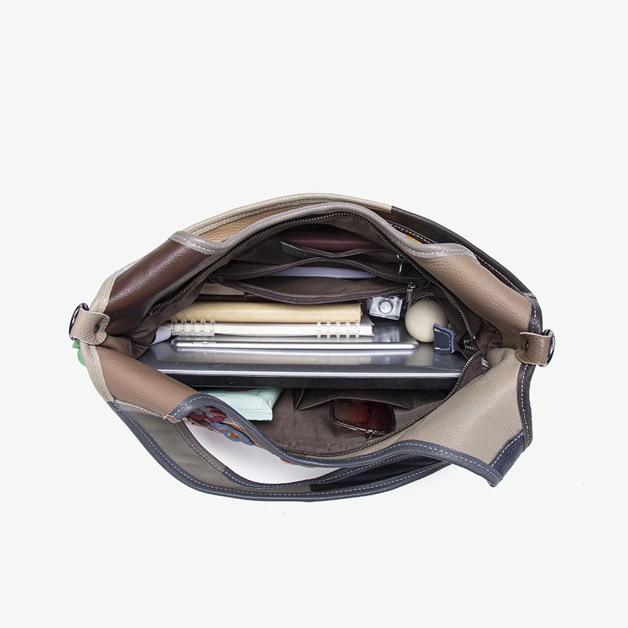 Textured First-Layer Cowhide Tote Bag Splicing Flowers Contrasting Colors Characteristic Casual Single Shoulder Oblique Span Women'S Bag
