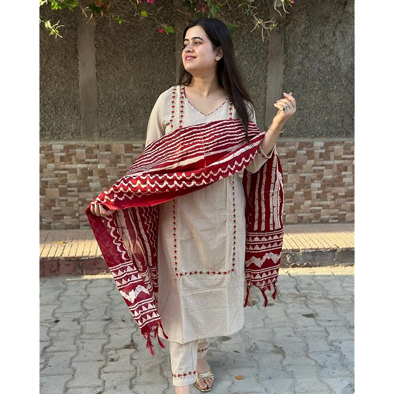 GoSriKi Ladies Rayon Blend Embroidered Straight Kurta with Trousers and Dupatta, beige, XXL