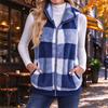 Women's Sleeveless Vest Plaid Zip Up Stand Collar Fuzzy Outerwear for Fall and Winter
